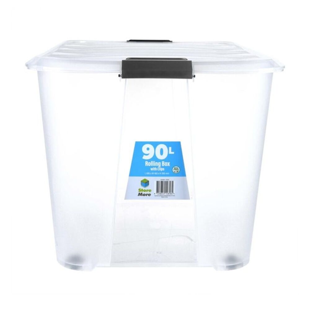 Store More 90L Clear Plastic Storage Rolling Container Box w/ Lid Lock Clips — image 2
