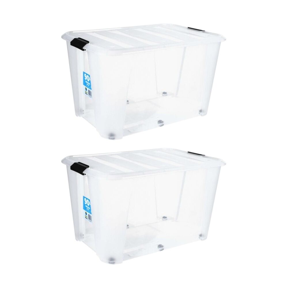 Store More Plastic Storage Rolling Container Box w/ Lid Lock Clips 90L Clear (2 Pack)