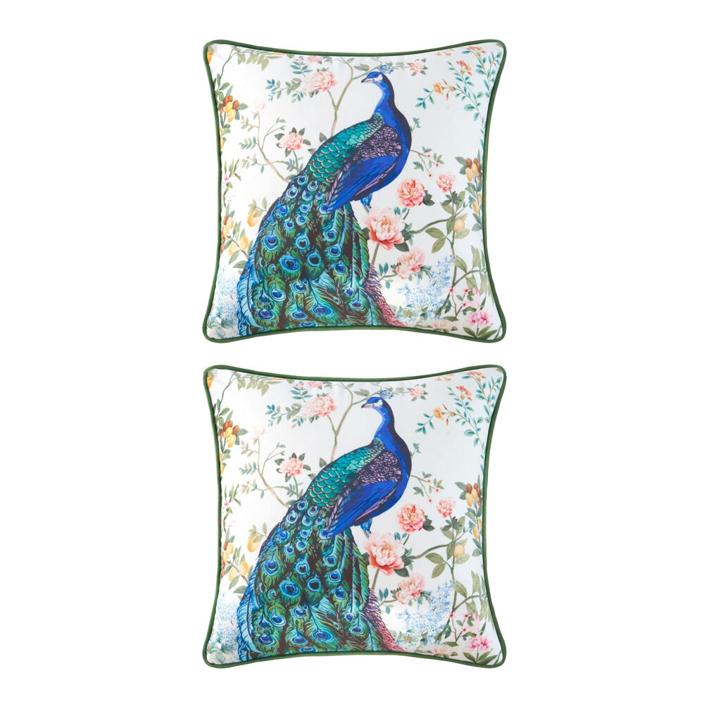 Bianca Priya White/Blue Peacock Floral Square Velvet Decor Cushion 43x43cm (2 Pack)