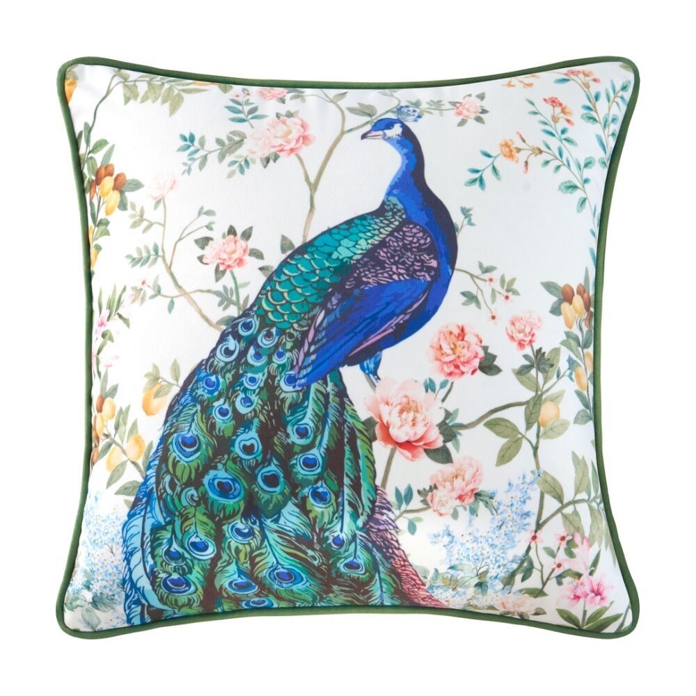 Bianca Priya White/Blue Peacock Floral Square Velvet Decor Cushion 43x43cm (2 Pack) — image 2