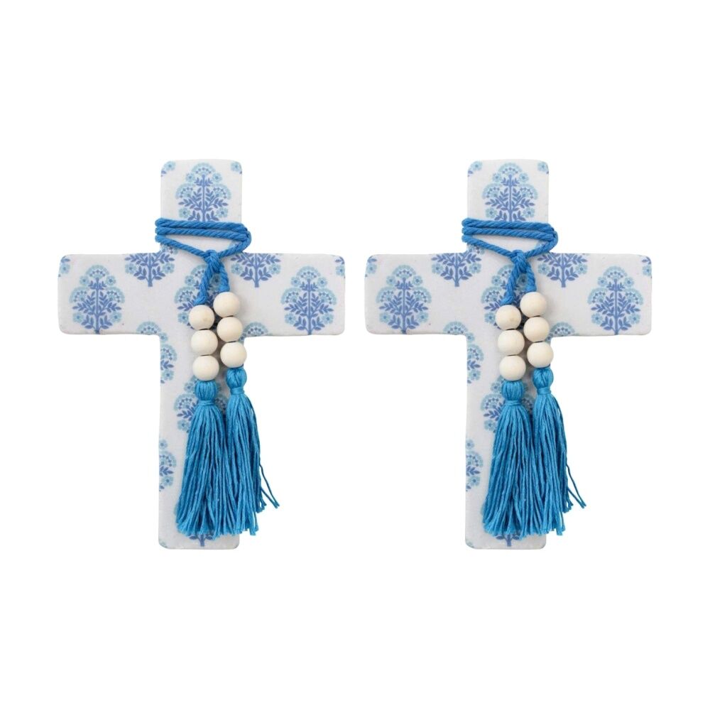 LVD Large Blue Sari Resin Cross Home Decor w/ Beads & Tassels 16x22x0.5cm (2 Pack)