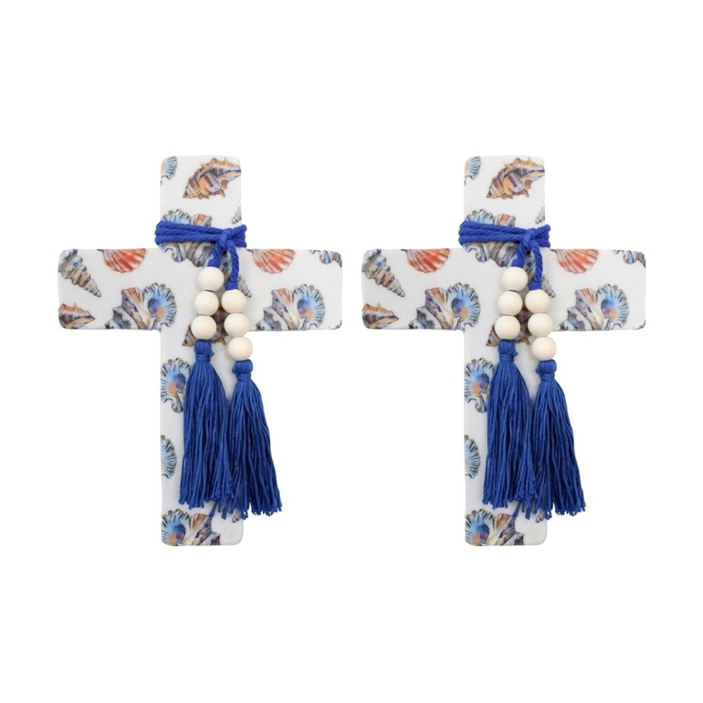 LVD Large Sea/Coastal Resin Cross Home Decor w/ Beads & Tassels 16x22x0.5cm (2 Pack)