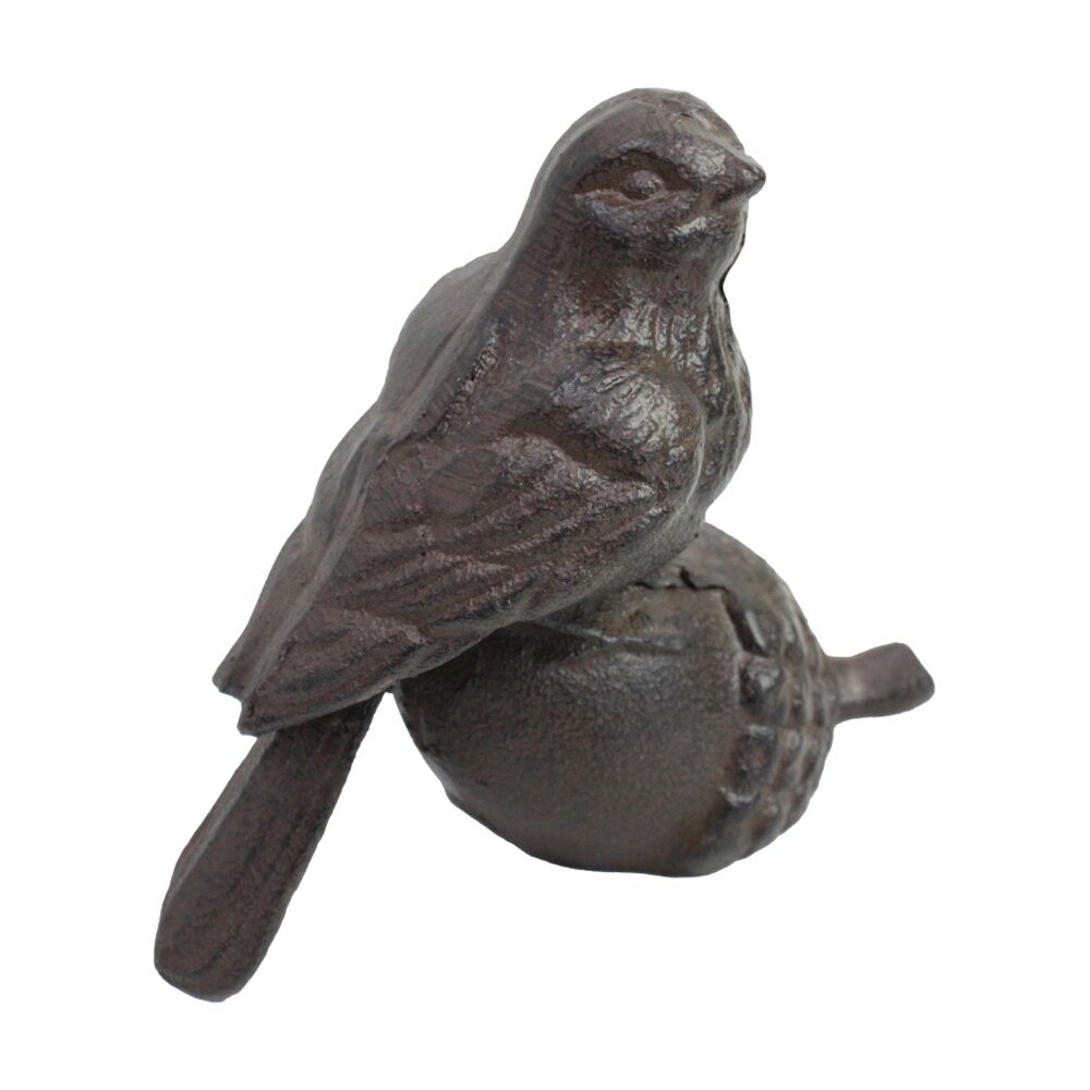 LVD Bird On Acorn Black Iron Figurine - Decorative Garden Sculpture - 12.5cm Rustic Cottagecore Home Accent