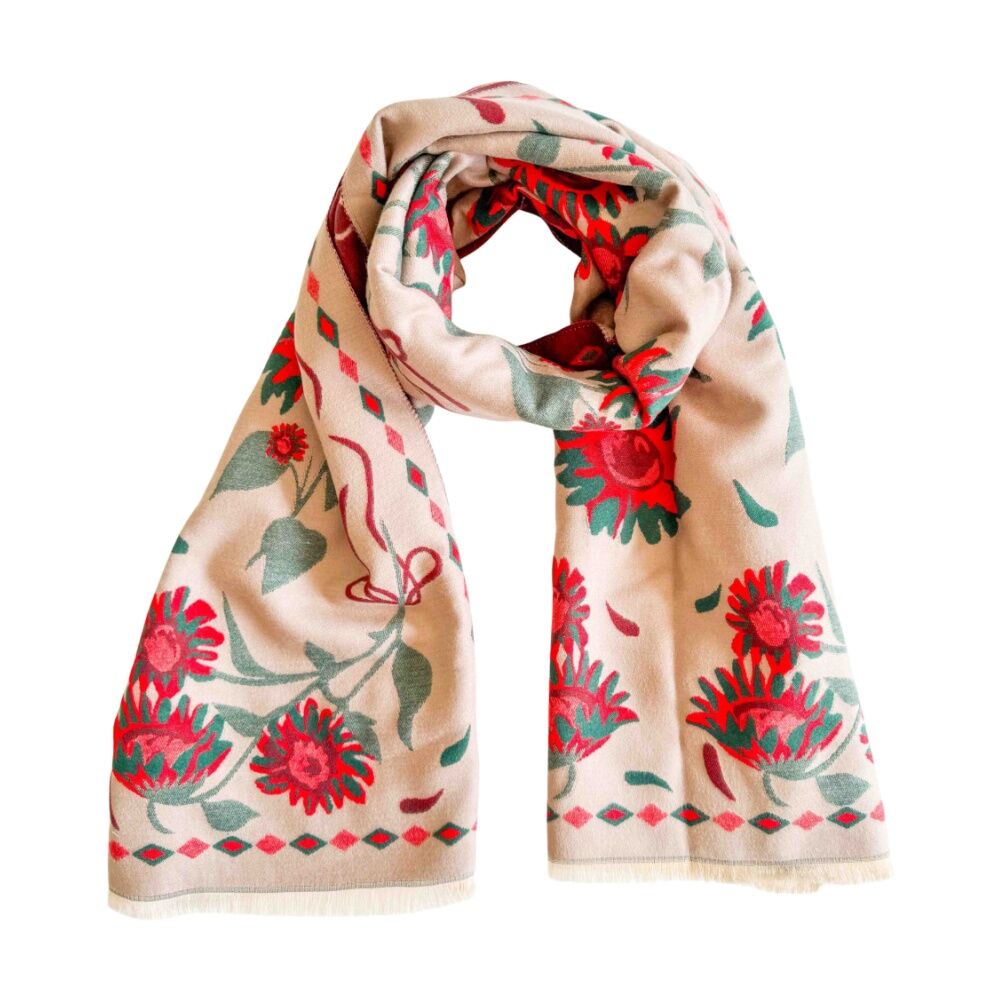 Urban Products 180cm Folk Floral Scarf Beige Red Pattern Women's Accessory