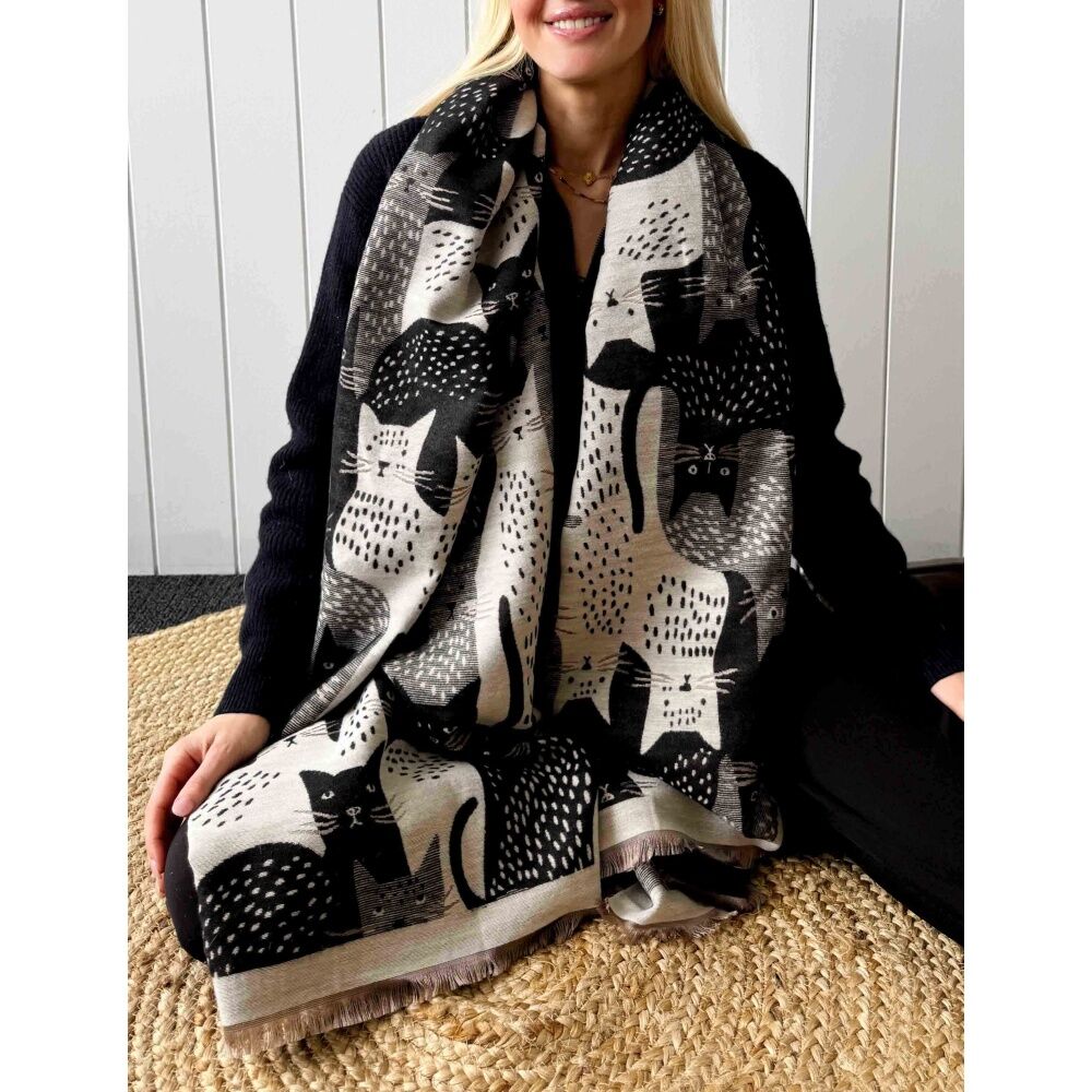 Urban Products 180cm Moggy Cat Scarf Black Lightweight Fringed Edges — image 2