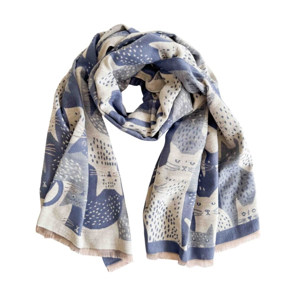 Urban Products 180cm Moggy Cat Scarf Blue Lightweight Fabric Fringed Edges