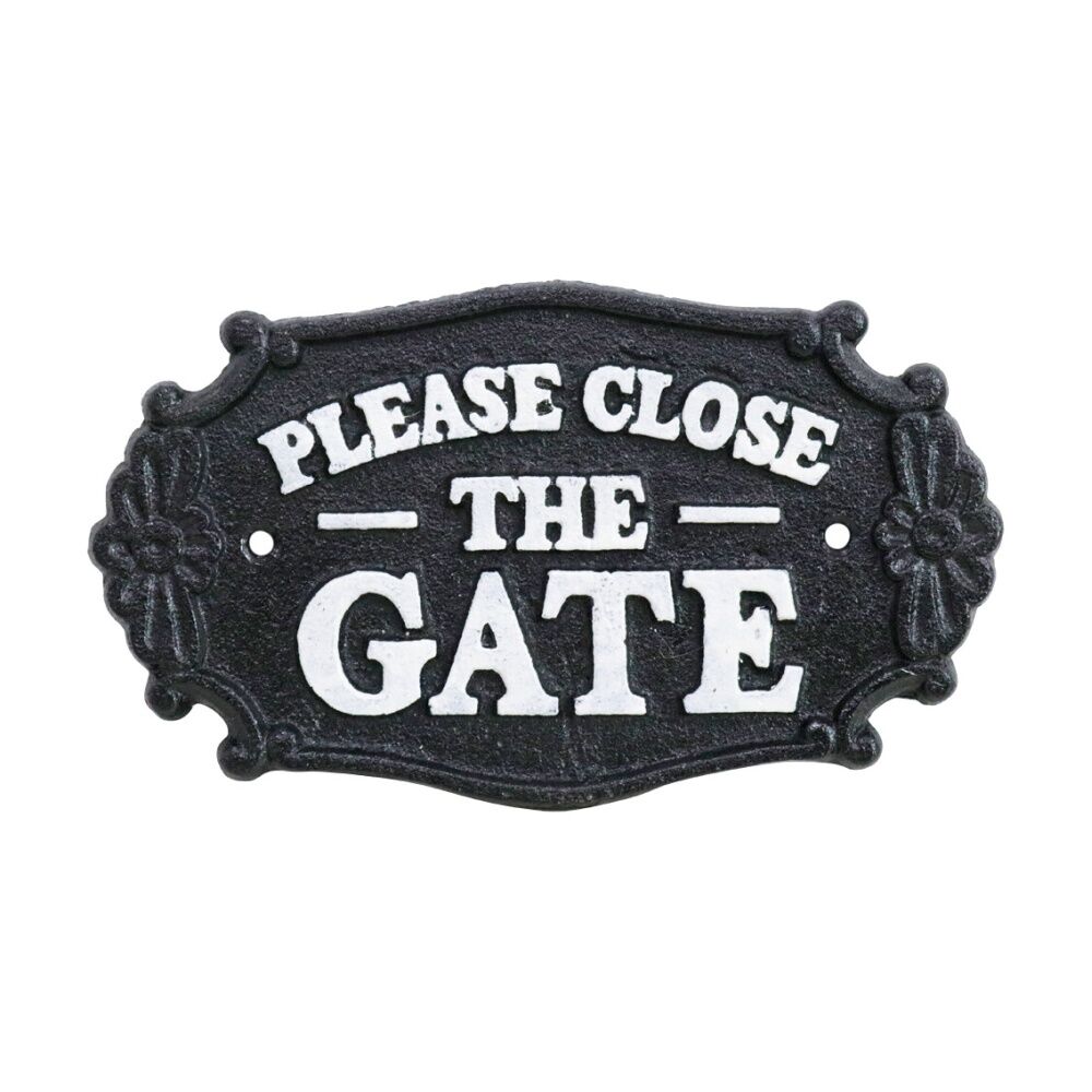 LVD 18.5x11cm Cast Iron Ornate Vintage Close Gate Sign Outdoor Decor Black/White