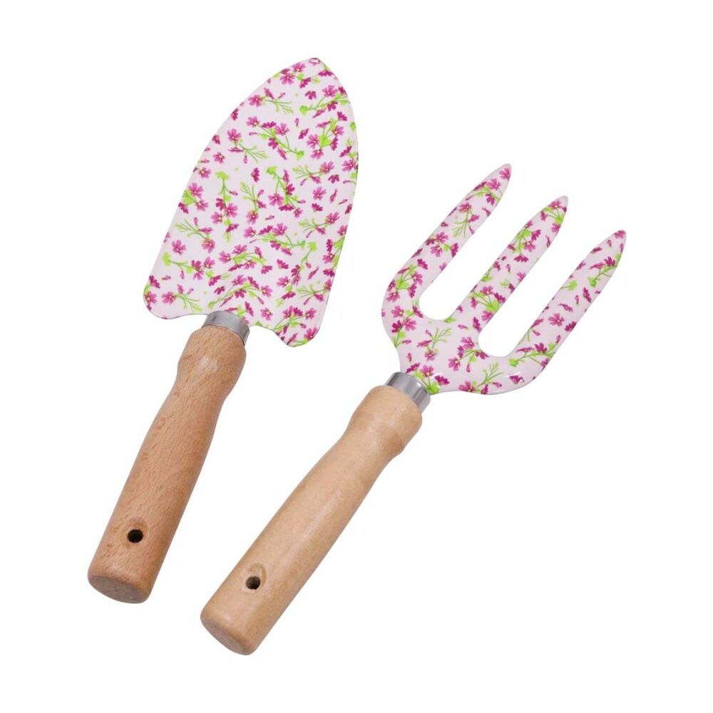 LVD LDA Garden Tools Set 2pc Daisy - Wood Handles Steel Heads - Trowel 28cm Fork 26cm - Pink Floral Design. — image 2
