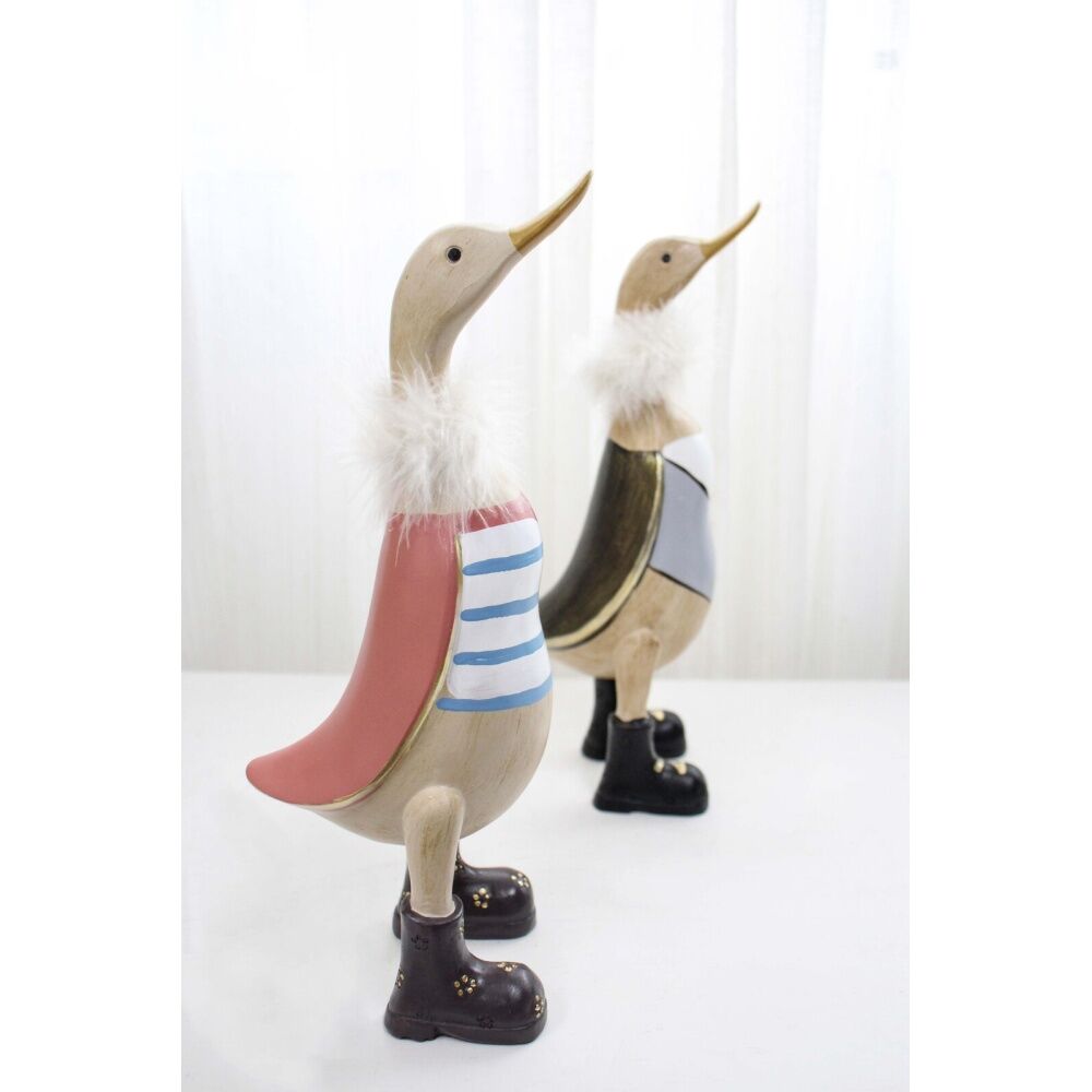 LVD Tall Duck Charlie Resin Figurine Blue White Striped Shirt Pink Cape Fluffy Collar Floral Gumboots 13x9.5x29.5cm Home Decor Sculpture. — image 2