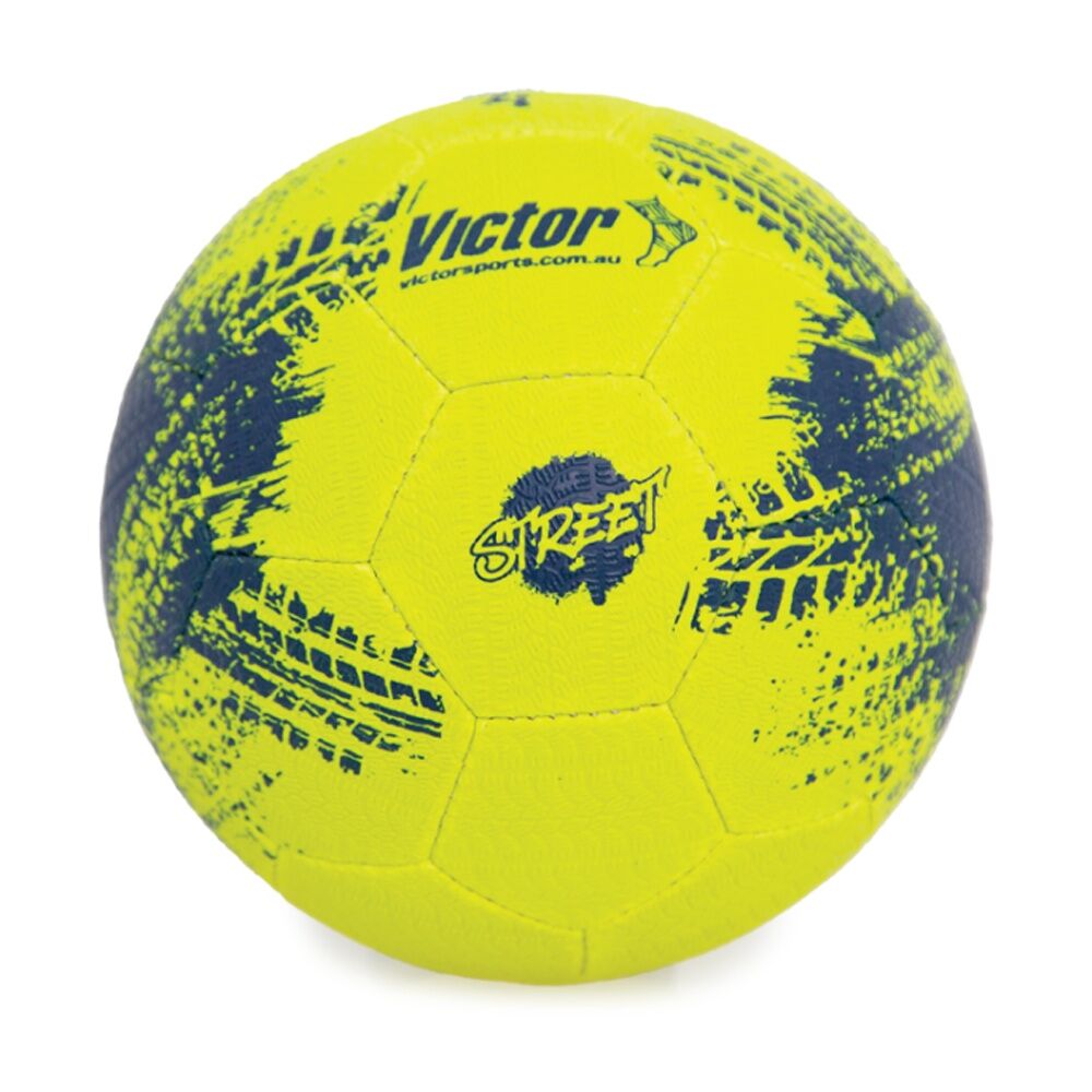 Victor Sports Soccer Ball Street Size 4 - Durable Rubber Compound - Hand Stitched - Tyre Grip Finish For All Weather - Yellow - Suitable For Concrete