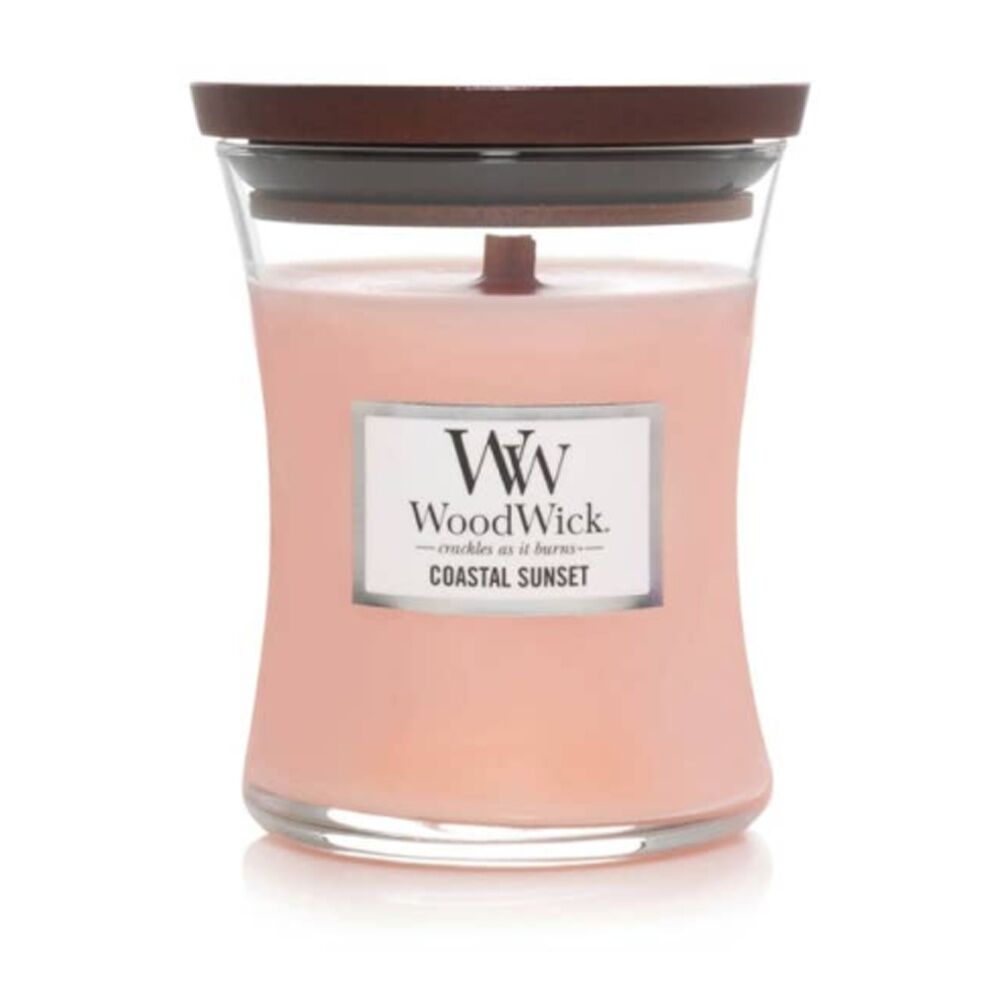 Woodwick Coastal Sunset Mini - Wooden Wick Crackling Candle - Sun-Kissed Blossoms Coconut Musk Ocean Air Scents - 3 oz Pink Glass Jar Soy Wax Blend