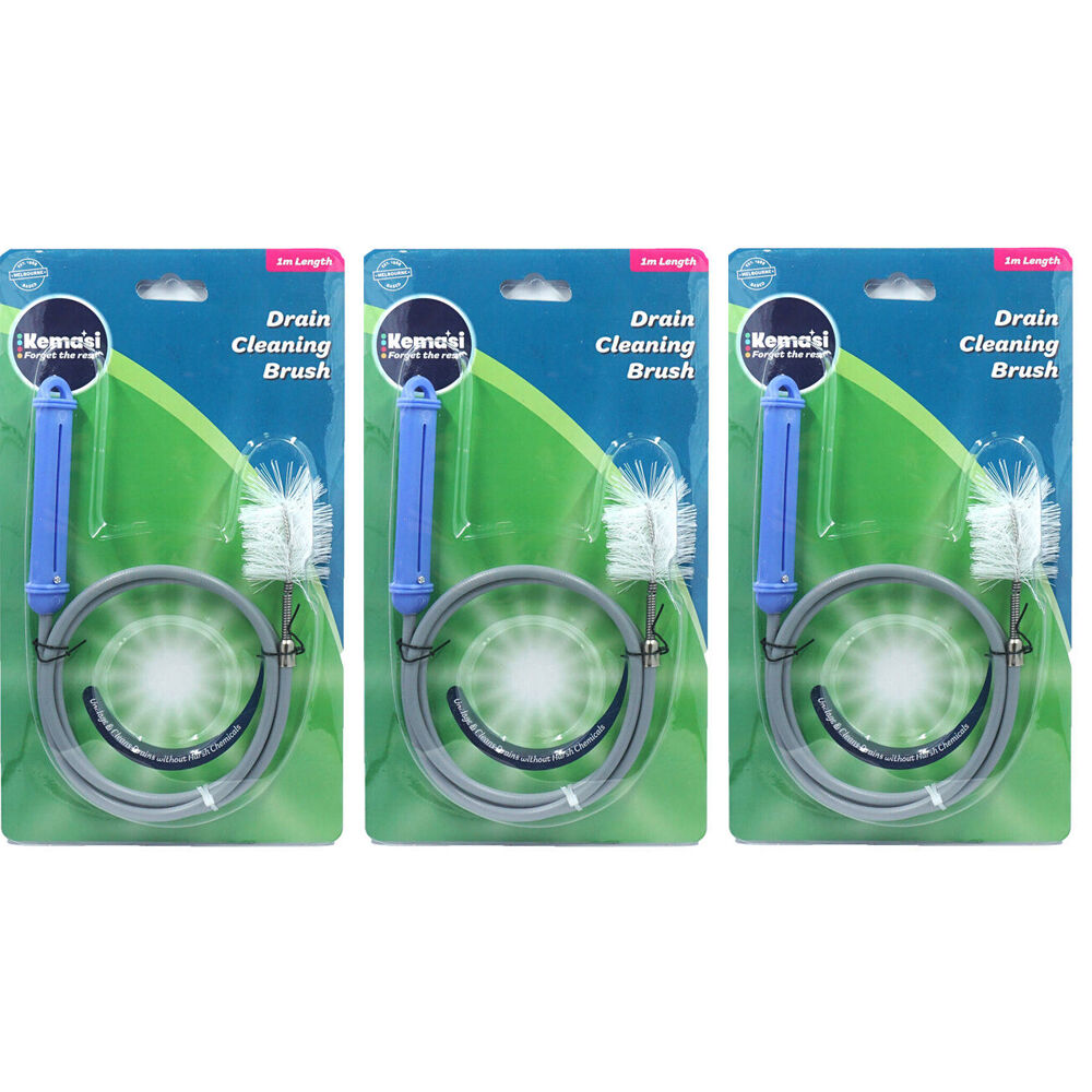 Kemasi Flexible Kitchen/Bathroom Drain Cleaning Cable Brush 1m Grey (3 Pack)