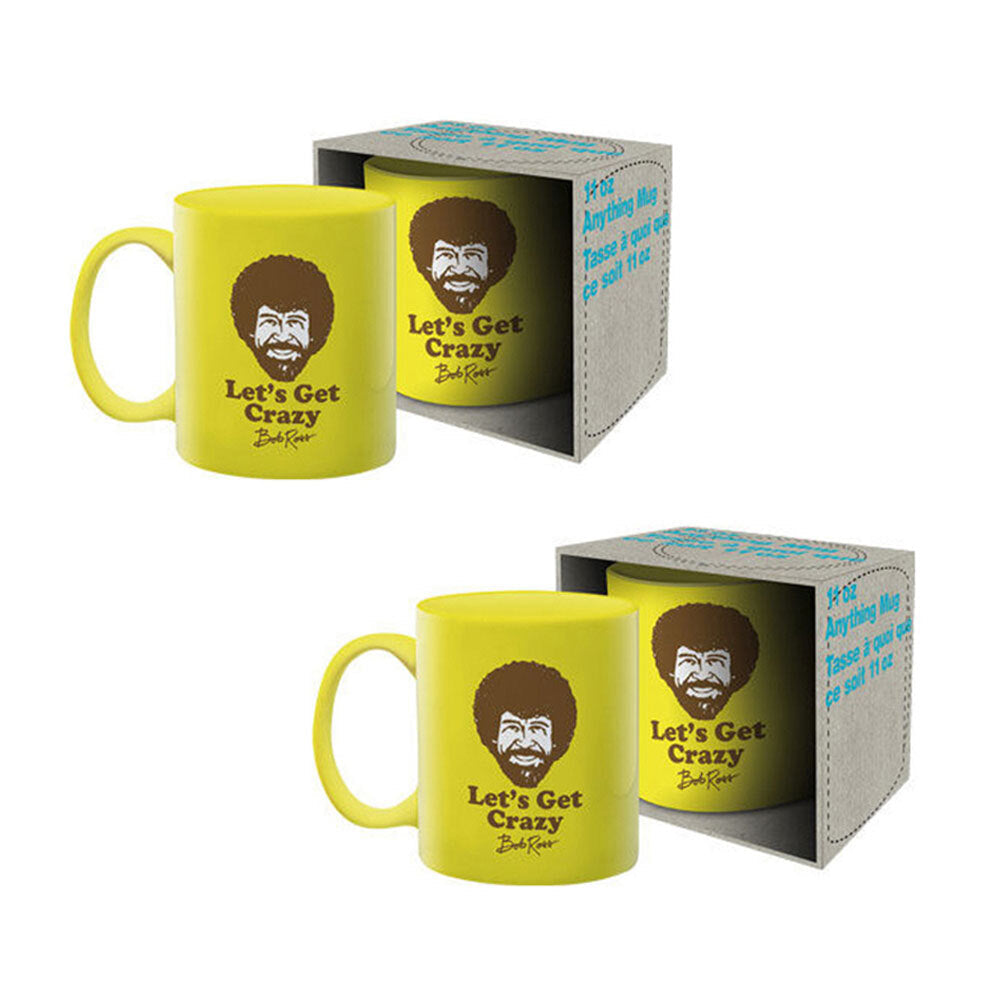 Aquarius Bob Ross Crazy 325ml Coffee Mug Tea Cup w/ Handle Drinkware Yellow (2 Pack)