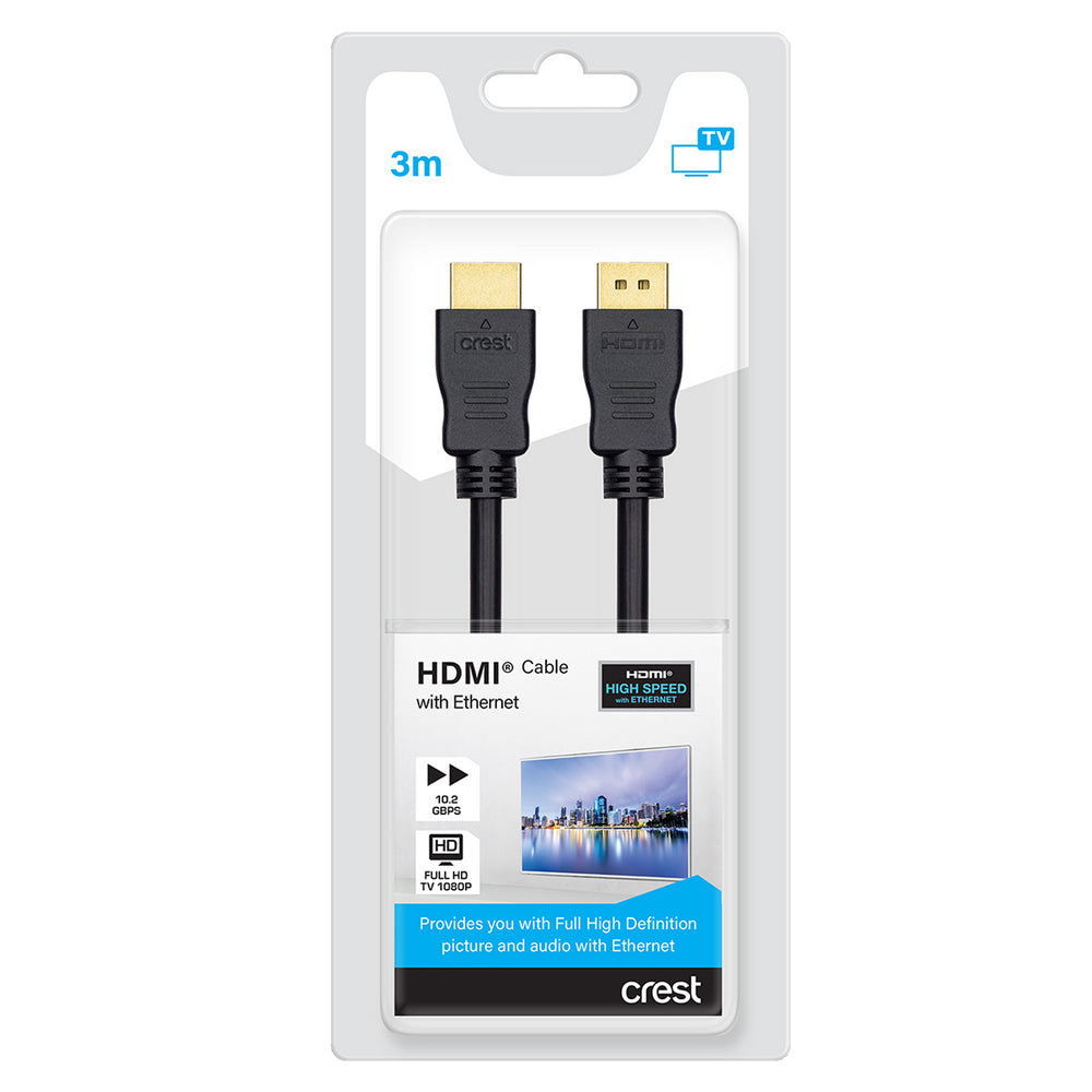 Crest 3m/10.2Gbps HDMI Male To Male Cable w/ Ethernet 1080p Connector Black — image 2