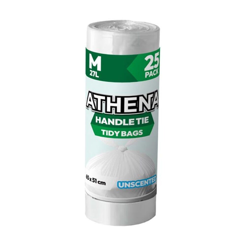Athena Unscented Garbage Tidy Bags w/ Handle Tie White 27L 65x51cm (25 Pack)