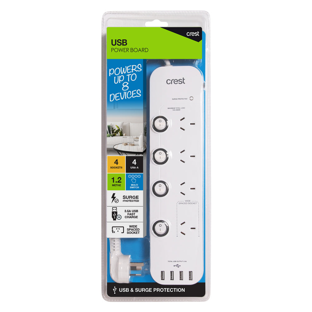 Crest 4-Socket 1.2m Power Board Surge Protected Outlets w/ 4x USB Ports White — image 2