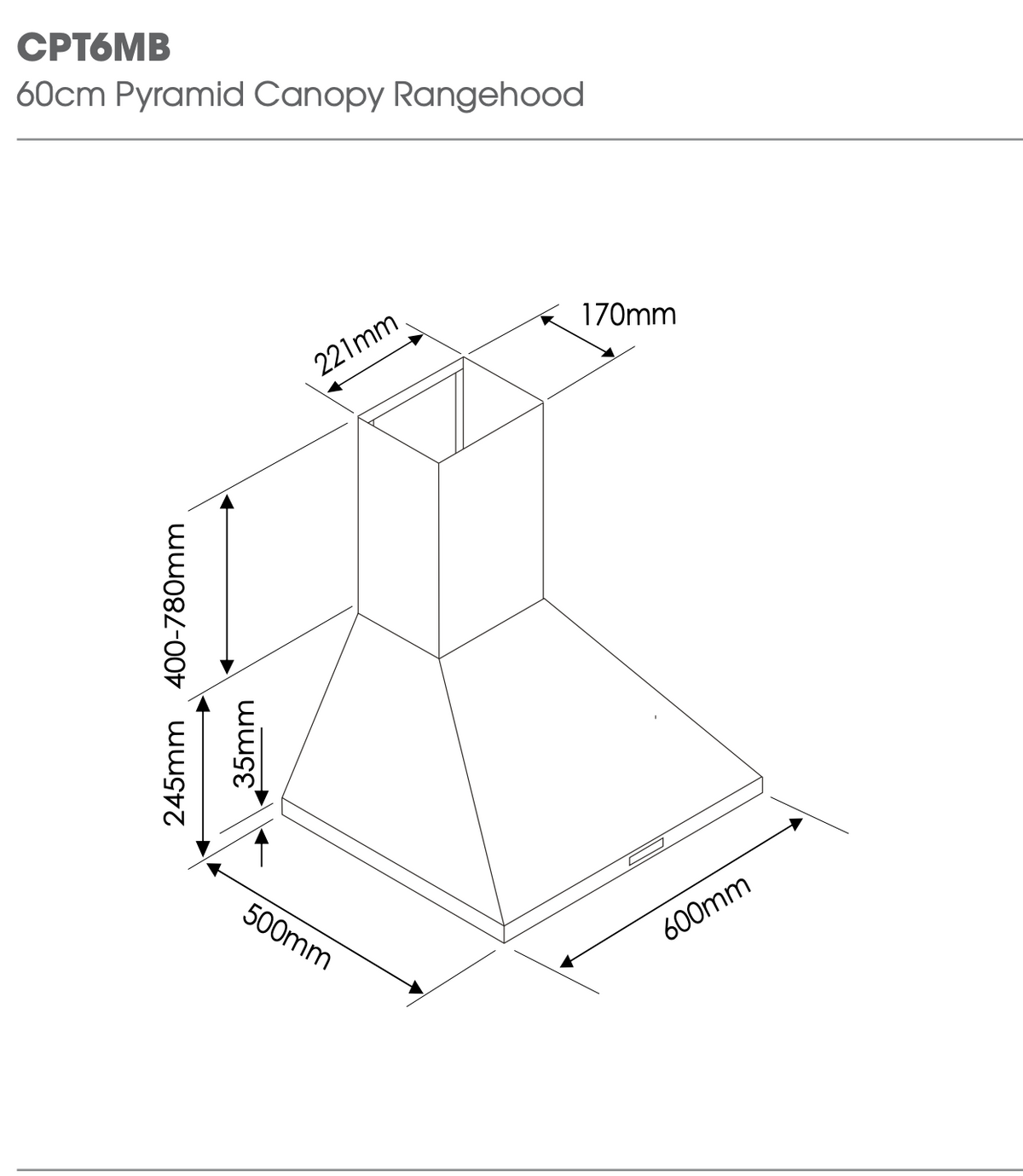 Euromaid 60cm Pyramid Canopy Rangehood 700m3/h Stainless Steel Exhaust Matte BLK — image 2