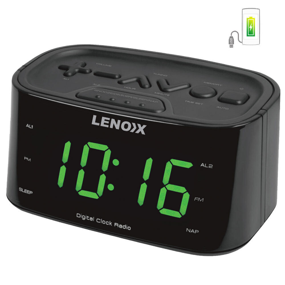 Lenoxx FM Radio Dual Alarm Clock/Large Big LED Digital Display w/USB Charger Black — image 2