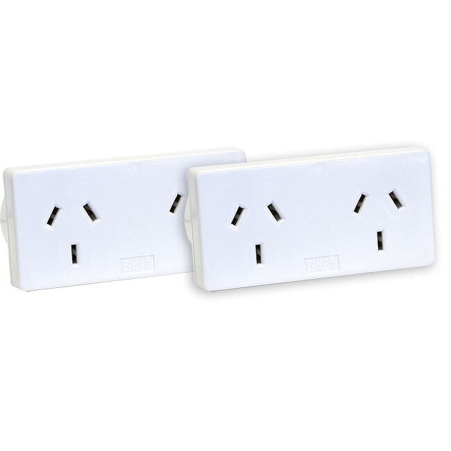 HPM Double 10A Adaptor/Adapter Mains Power Twin Pack Right & Left Turn White (2 Pack)