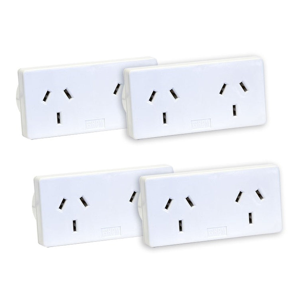 HPM Double 10A Adaptor/Adapter Mains Power Twin Pack Right & Left Turn White (4 Pack)
