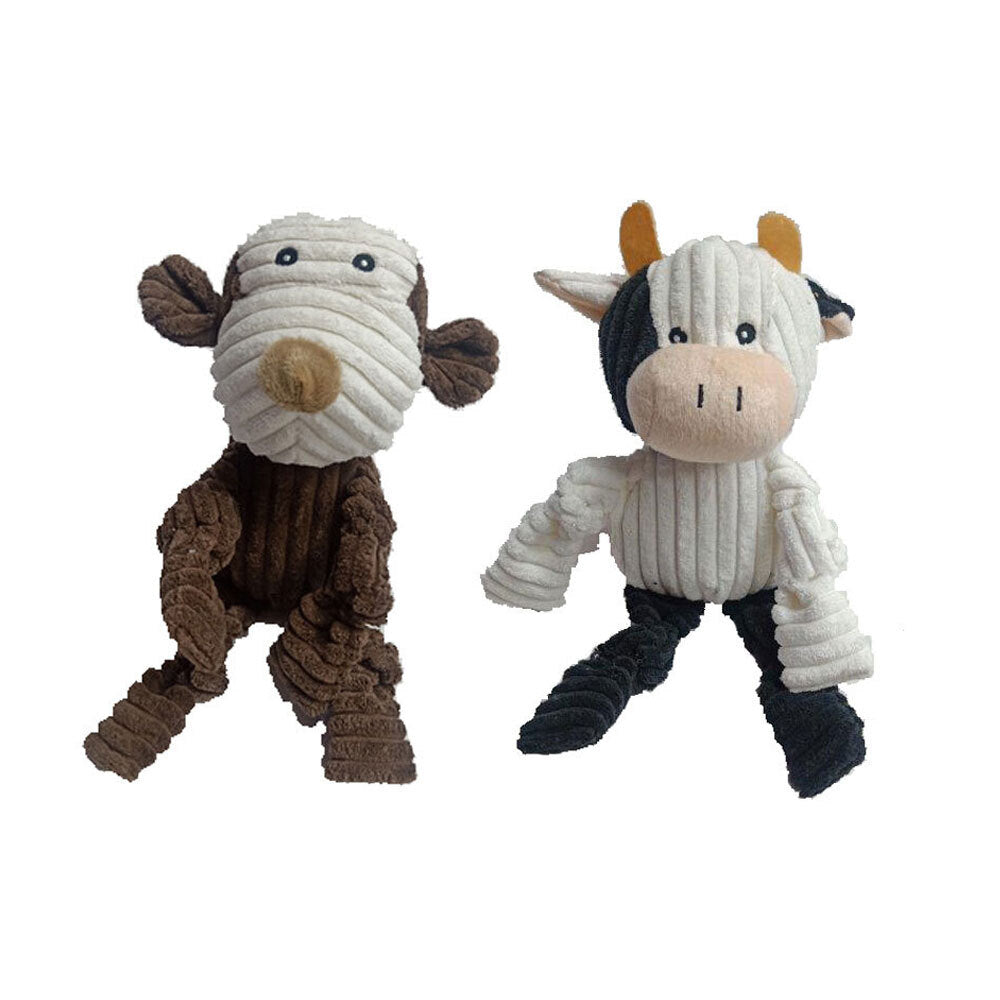 Paw Play 30cm Cow & Monkey Pet Dog/Puppy Chew Bite Toy Plush w/ Squeaker (2 Pieces)