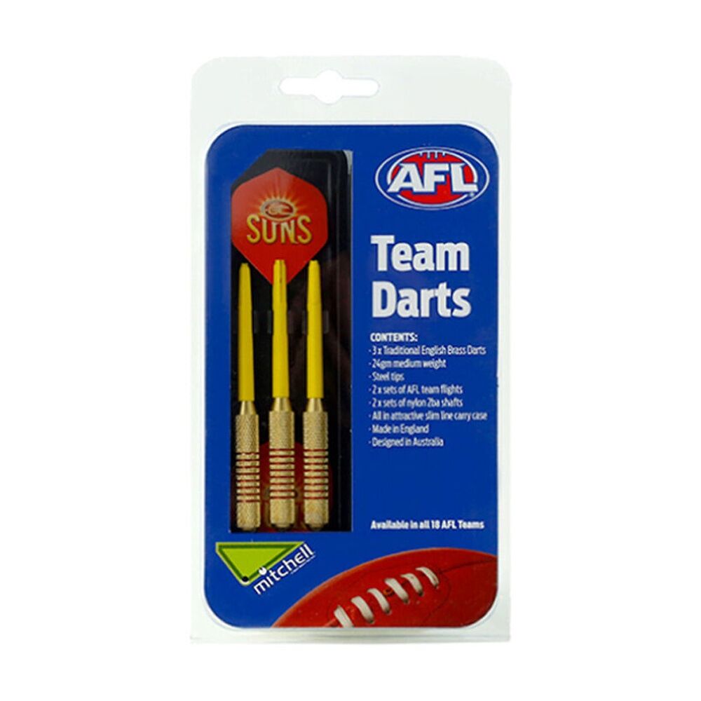 Afl Brass Darts Gold Coast Suns Team Design Flights & Shafts In Case (3 Pieces)