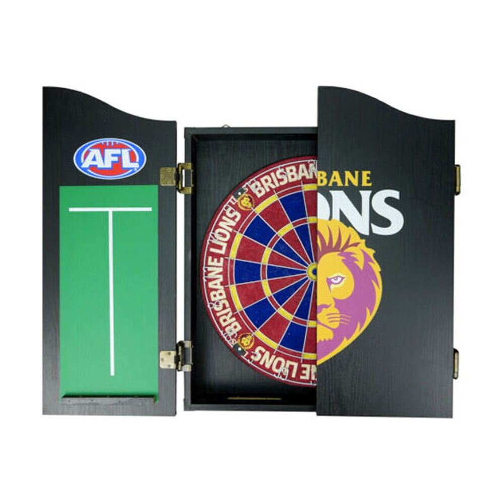 Afl Dartboard and Cabinet Set Black Finish Brisbane Lions Team Design