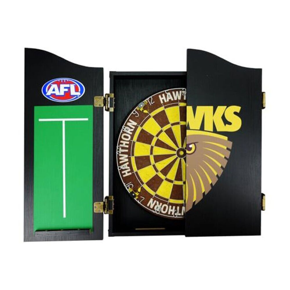 Afl Dartboard and Cabinet Set Black Finish Hawthorn Hawks Team Design