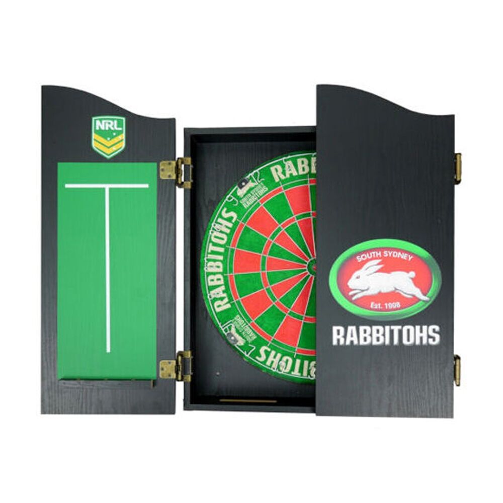 NRL Dartboard and Cabinet Set Black Finish South Sydney Rabbitohs Team Design