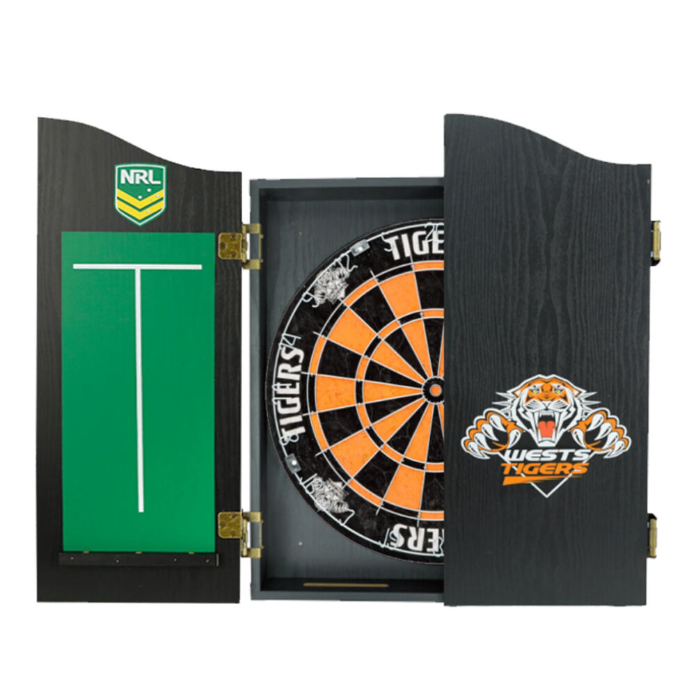 NRL Dartboard and Cabinet Set Black Finish West Tigers Team Design