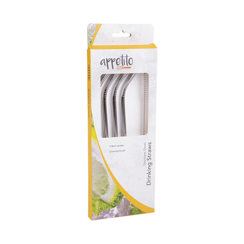 Appetito Stainless Steel Durable Bent Drinking Straws With Cleaning Brush (4 Pieces) — image 2