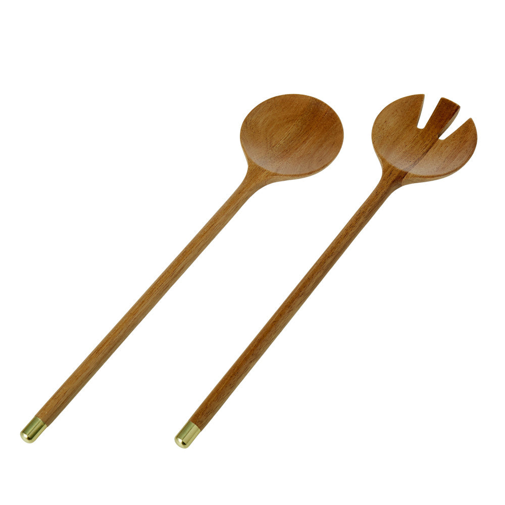 Davis & Waddell Acacia/Brass Spoon/Fork Salad Server Set 30x7cm Natural (2 Pieces)