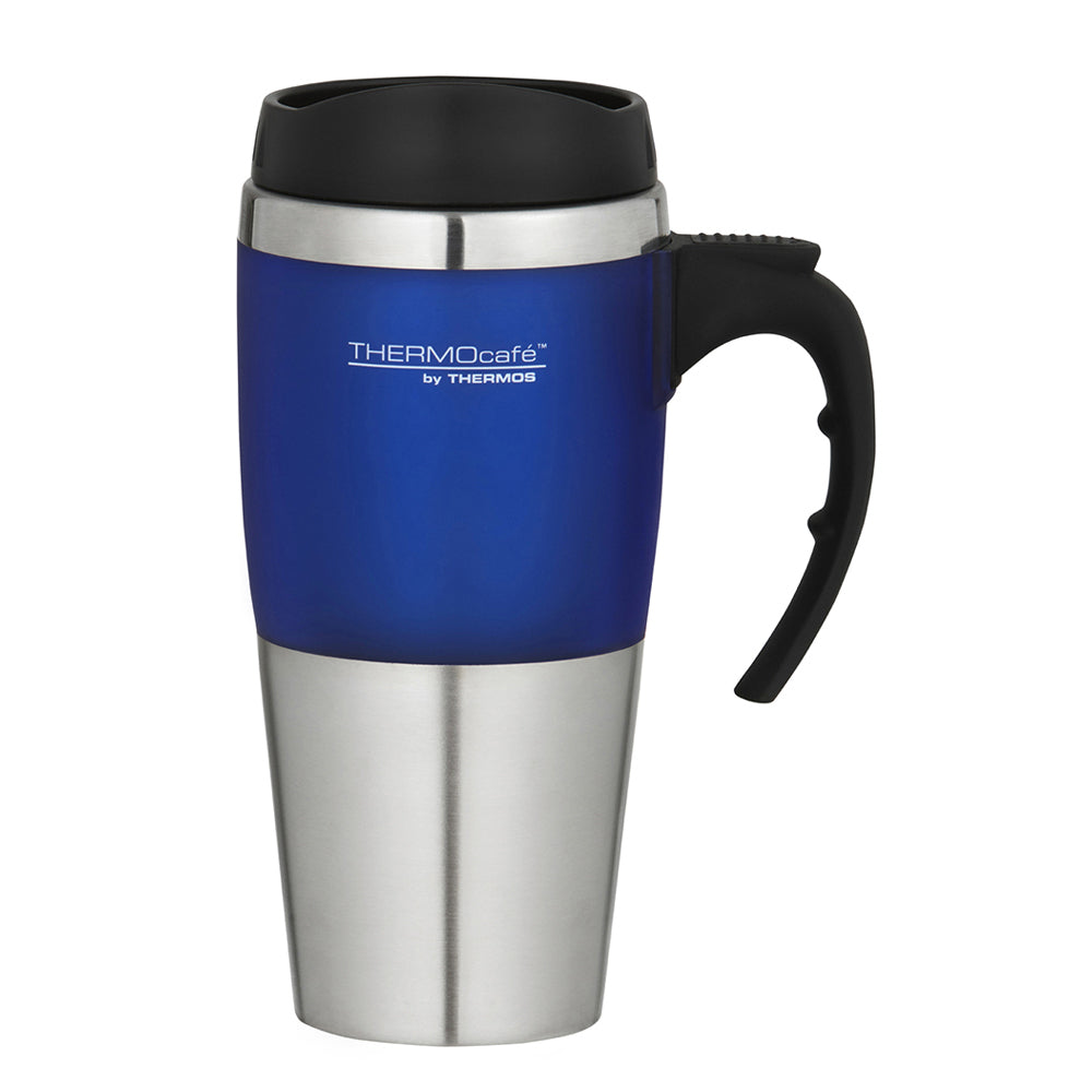Thermocafe Stainless Steel Double Walled Durable Travel Mug Blue trim 450ml