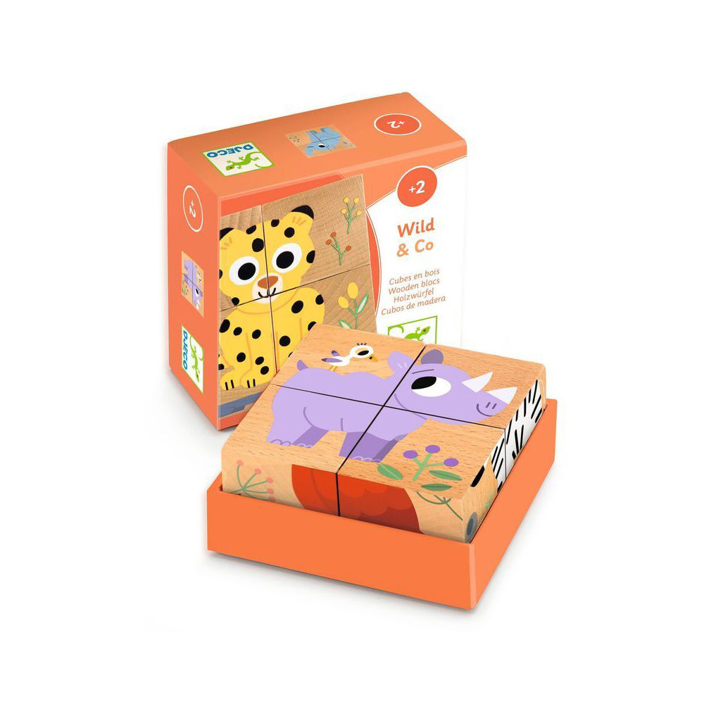 Djeco Wild & Co Safari Wooden Block Puzzle Kids/Children Play Toy 2y+ (4 Pieces)