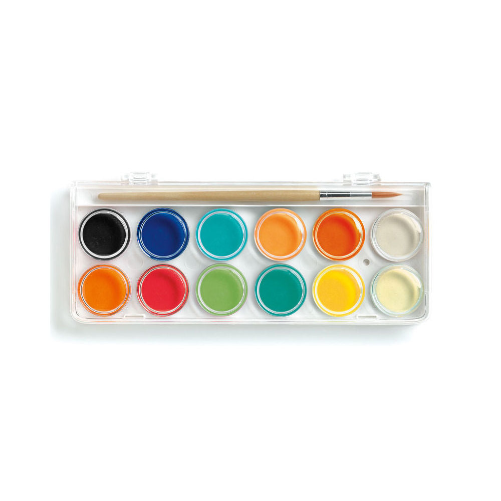 Djeco 12 Water Colour Palette Classic Kids Art/Craft Paint Set w/ Brush 6y+ — image 2