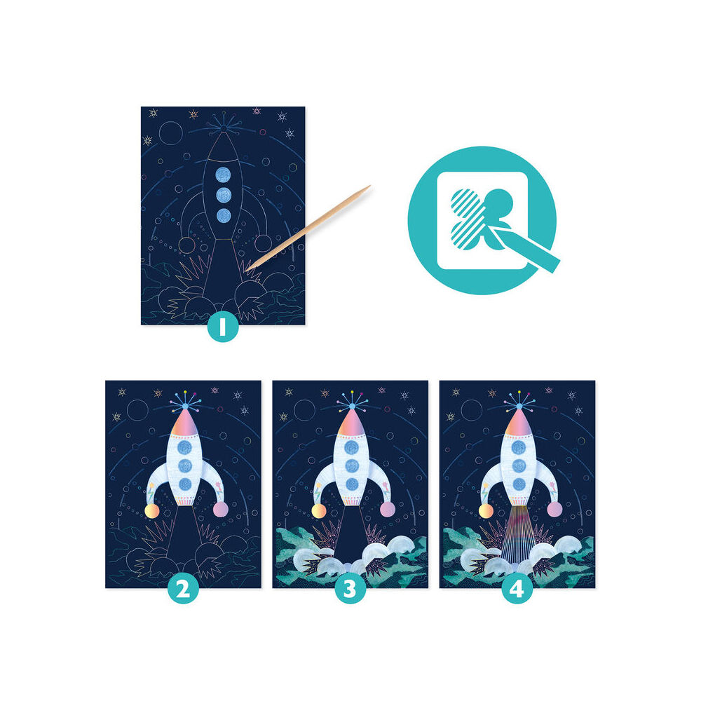 Djeco Cosmic Mission Scratch Cards w/ Stylus Art Activity Kit Kids 6y+ (4 Pieces) — image 2