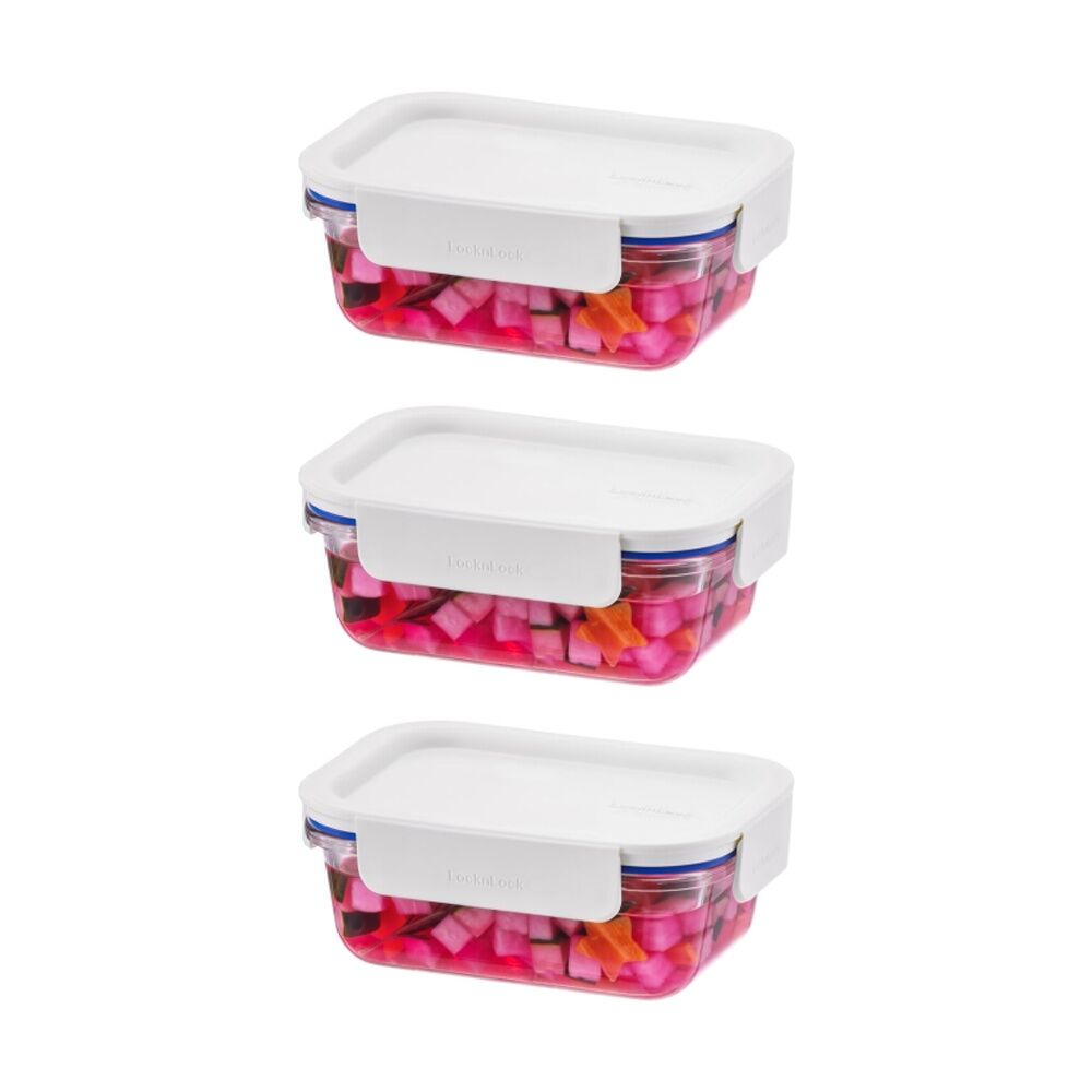 Locknlock Clear Glass Food Storage Container Microwave Safe 160ml White Lid (3 Pack)