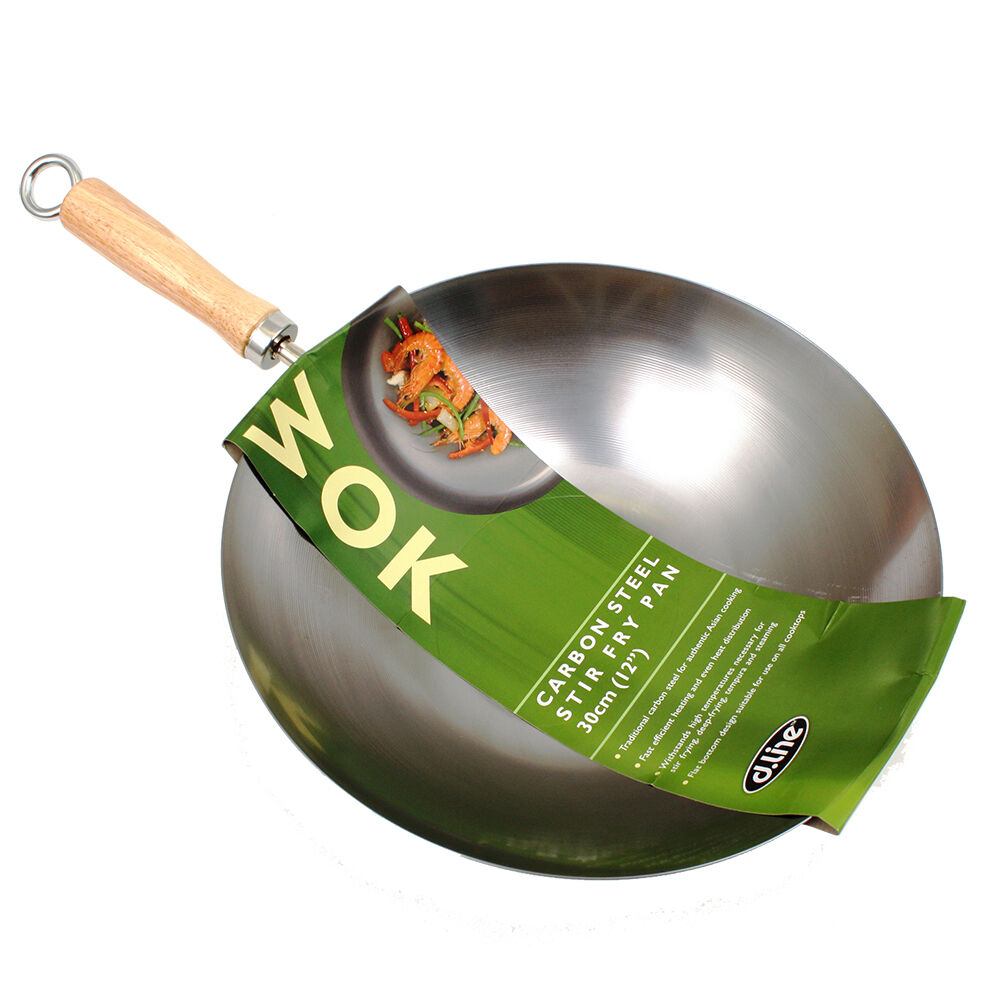 D.Line Carbon Steel Stir Fry Wok Cooking Pan 30cm w/ Wood Handle Silver