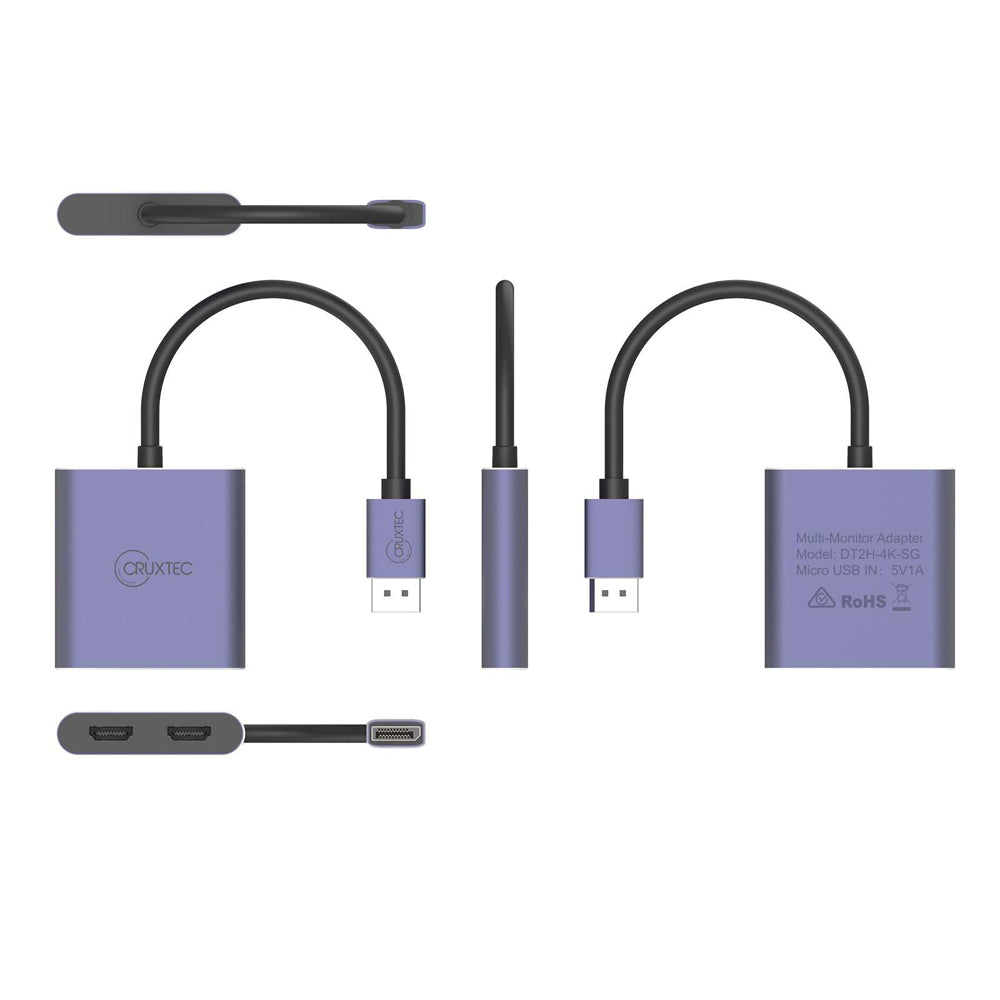 Cruxtec DisplayPort to Dual HDMI 4K Portable Compact Hub Input Adapter Grey — image 3