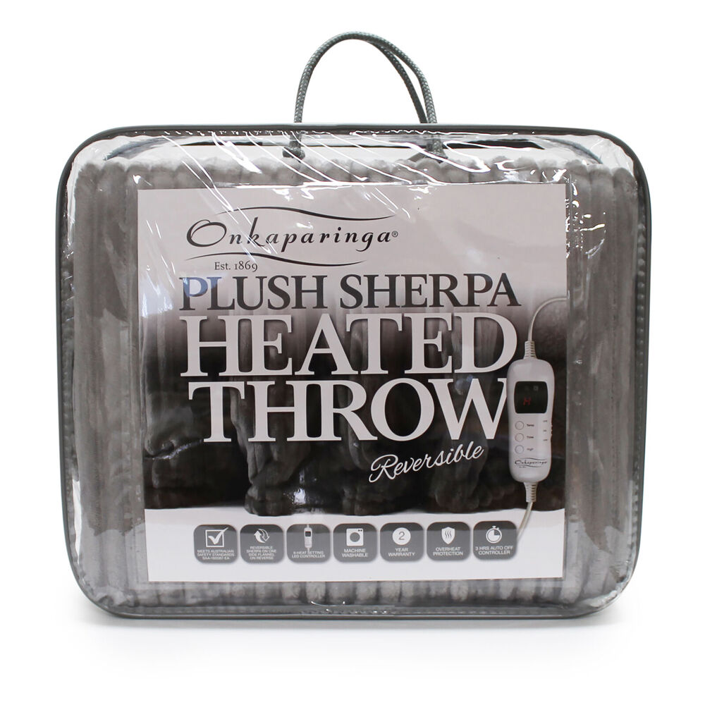 Onkaparinga Grey Sherpa Plush Heated Throw/Electric Blanket w/LED Heat Control