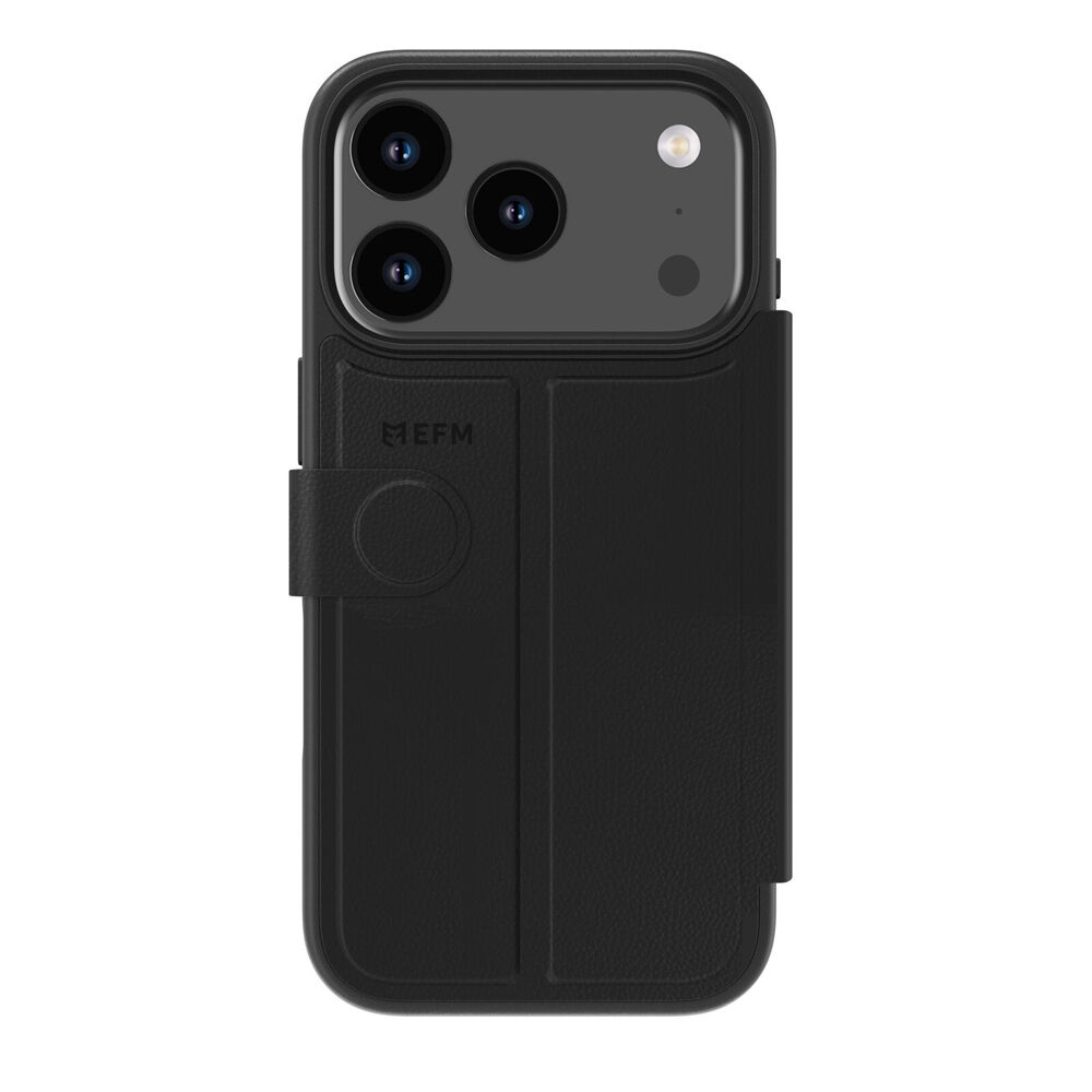 Efm 6.3in Black Venice Leather Wallet Phone Case For iPhone 17 Pro