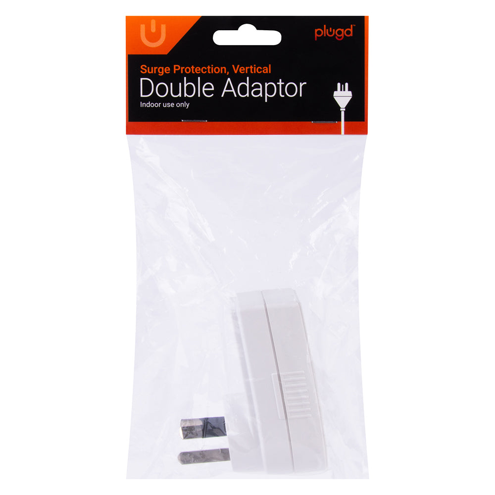 Plugd Vertical w/Surge Protection 240v 10amp 2400w Max Double Adapter Outlet