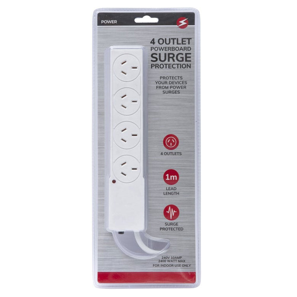 Power 4 Outlet Powerboard 1m Lead Extension Strip Socket w/ Surge Protection WHT — image 2