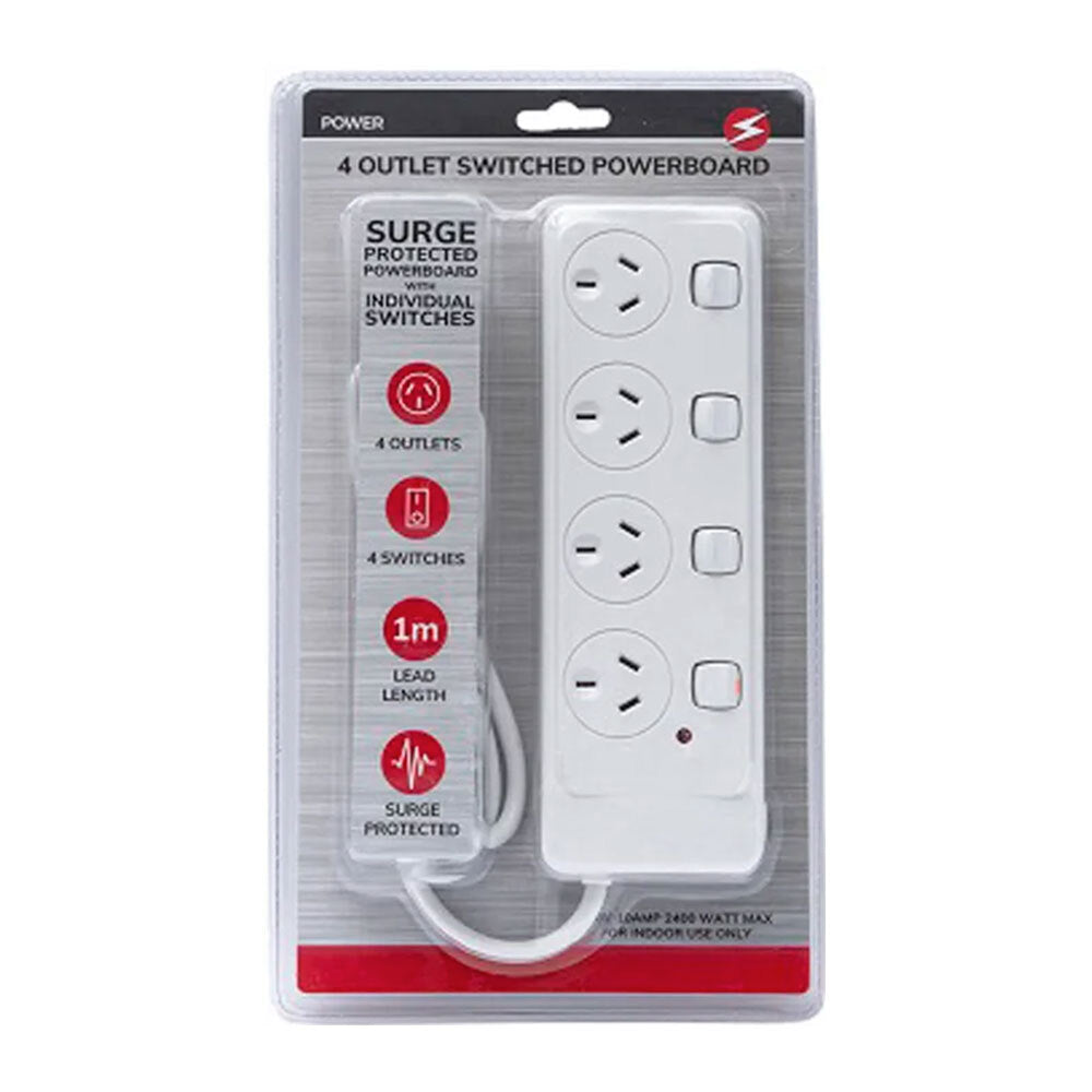 Unbranded 4 way Outlet Switched Surge Protected 2400W/240V/10Amp Power Board w/ 1m Cable — image 2