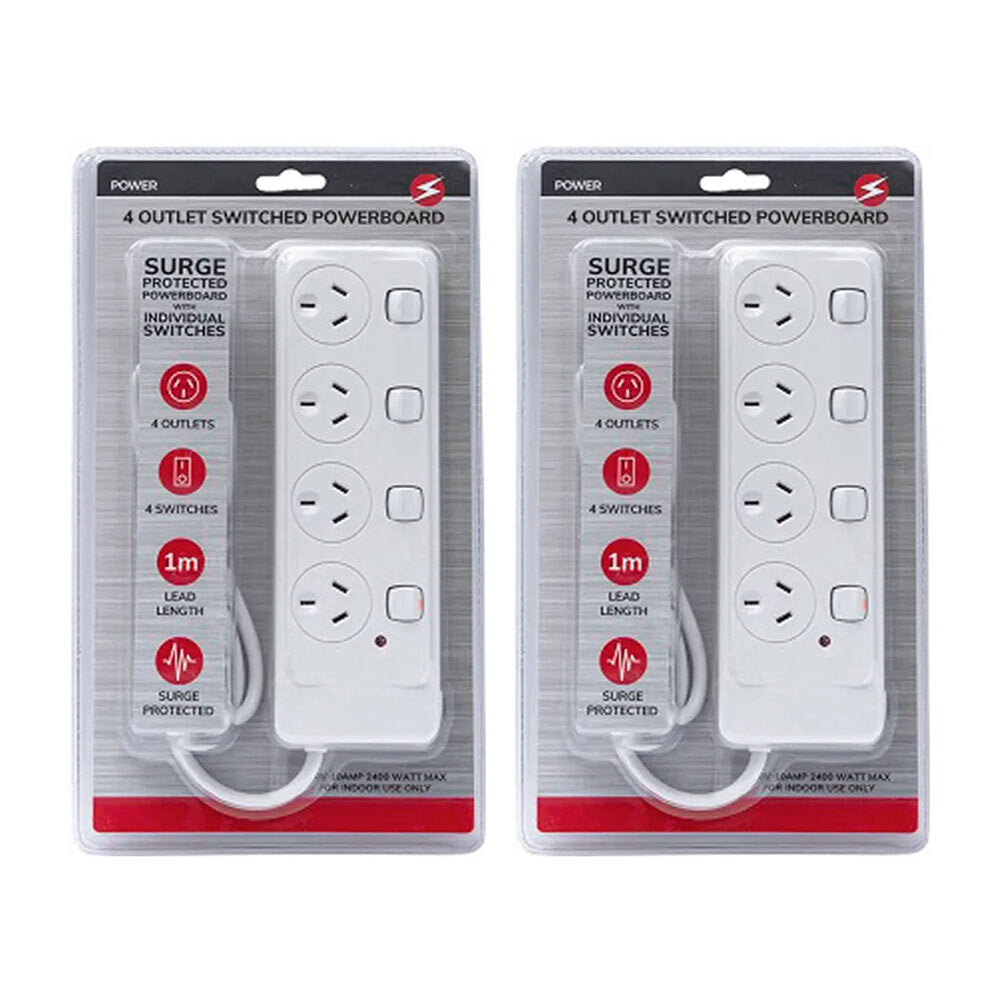 4 way Outlet Switched Surge Protected 2400W/240V/10Amp Power Board w/1m Cable (2 Pack)