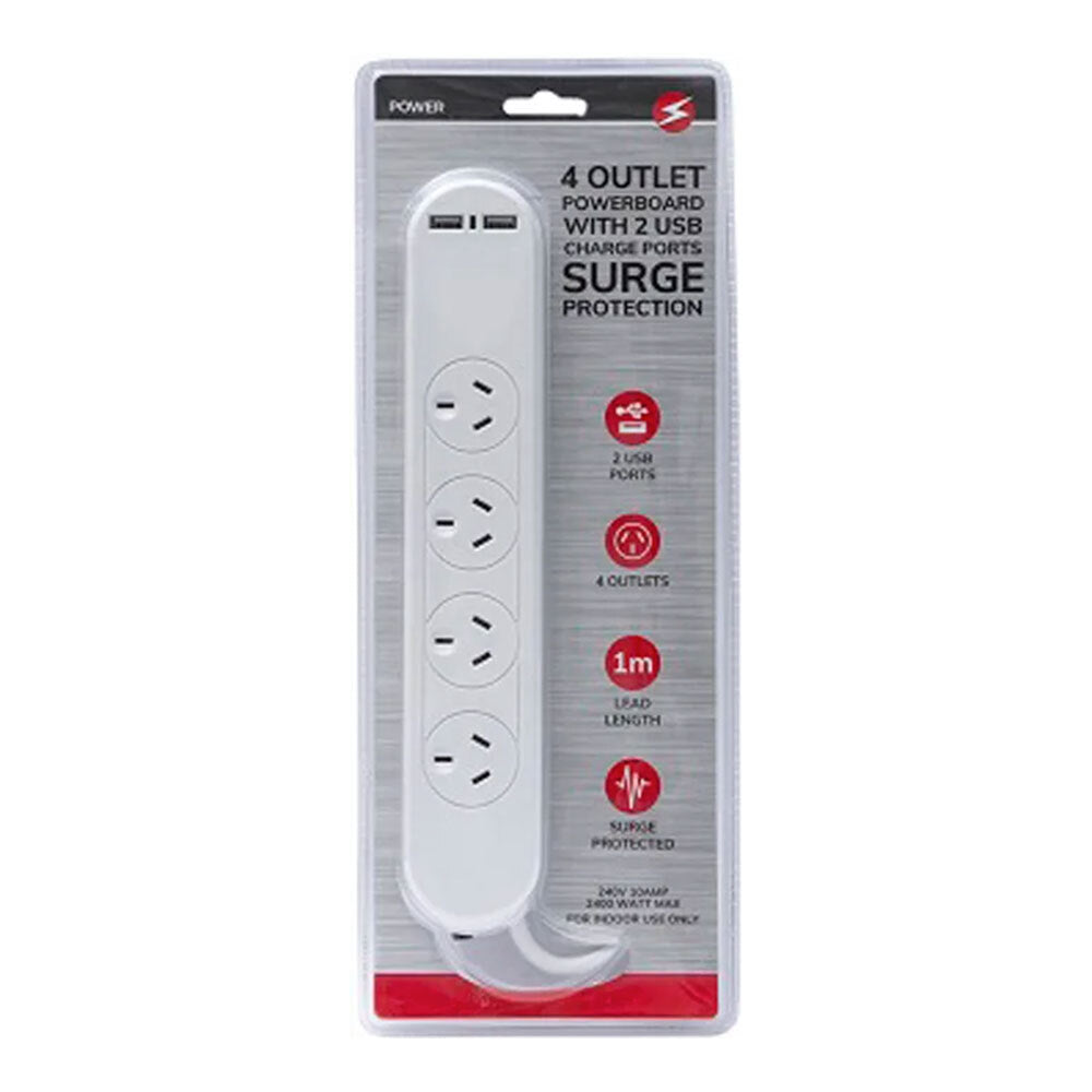 Unbranded 4 way Outlet Switched Surge Protected 2400W Power Board w/ 1m Cable/2 USB Port