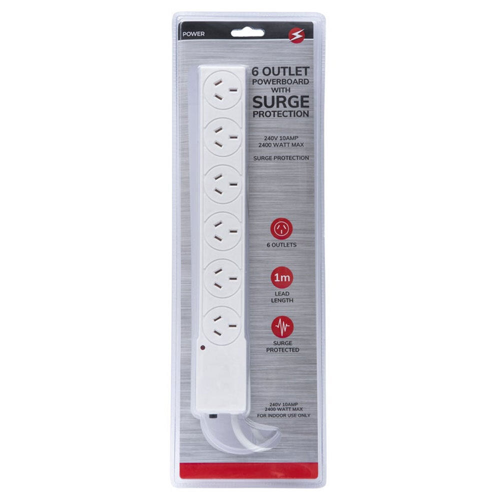Power 6 Outlet Powerboard 1m Lead Extension Strip Socket w/ Surge Protection WHT — image 2
