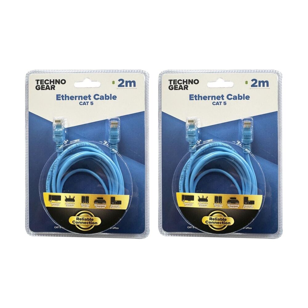 Tgear RJ45 Cat 5 Ethernet Cable Internet Durable High Speed Data 2m Blue (2 Pack)
