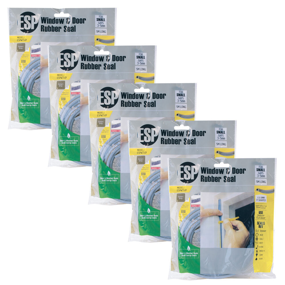 Esp Window & Door Rubber P-Shaped Weather Seal Draught Adhesive 6x9mm Grey (5 Pack)