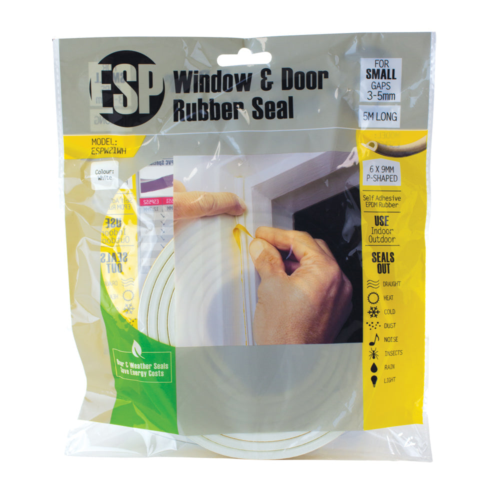 Esp Window & Door Rubber P-Shaped Weather Seal Adhesive White 6x9mm (2 Pieces)